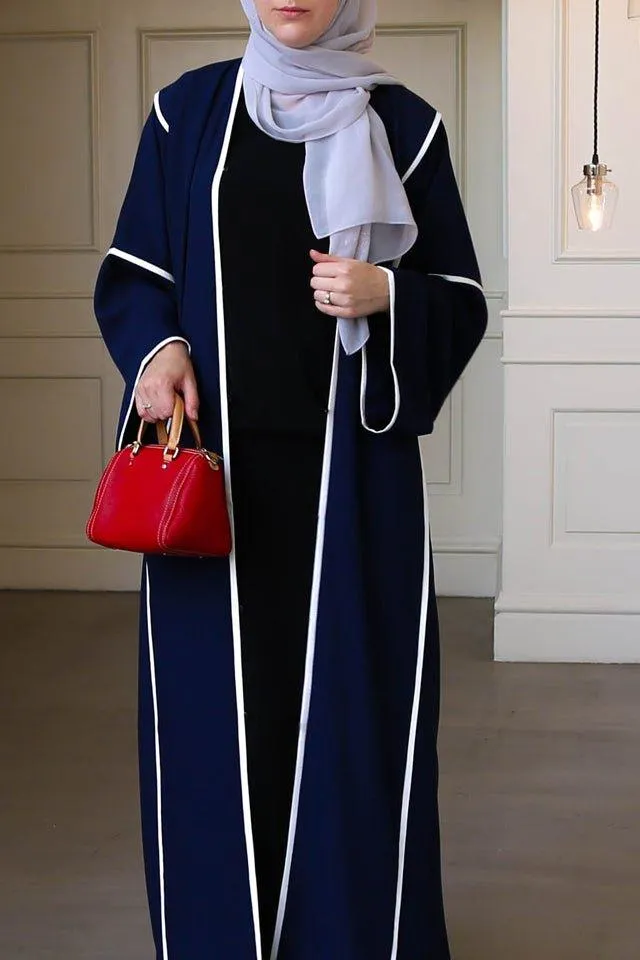 Elegant Dark Blue Abaya with White Trim