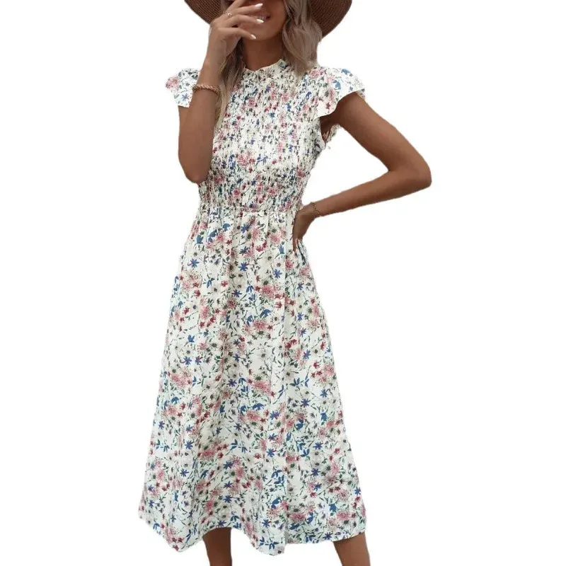 Floral Print O-neck Short Sleeve Midi Dress with Elastic High Waist Split