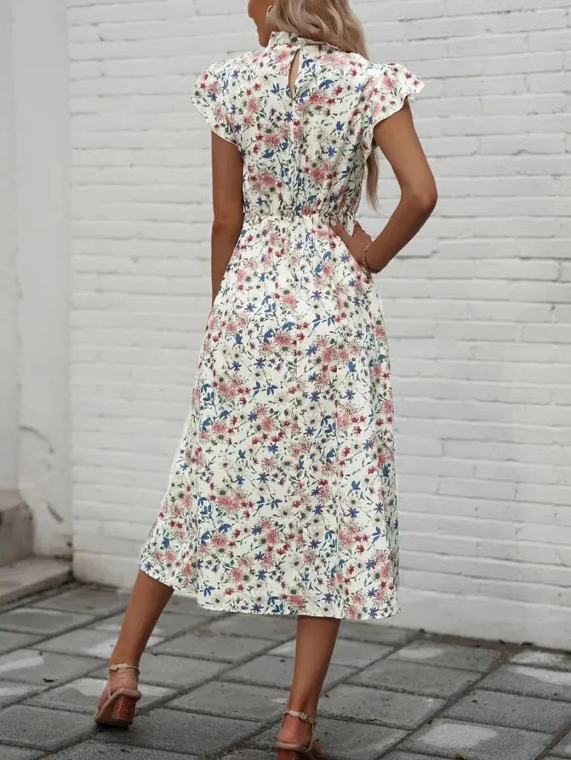 Floral Print O-neck Short Sleeve Midi Dress with Elastic High Waist Split