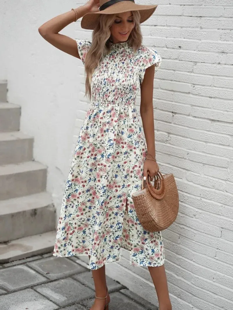 Floral Print O-neck Short Sleeve Midi Dress with Elastic High Waist Split