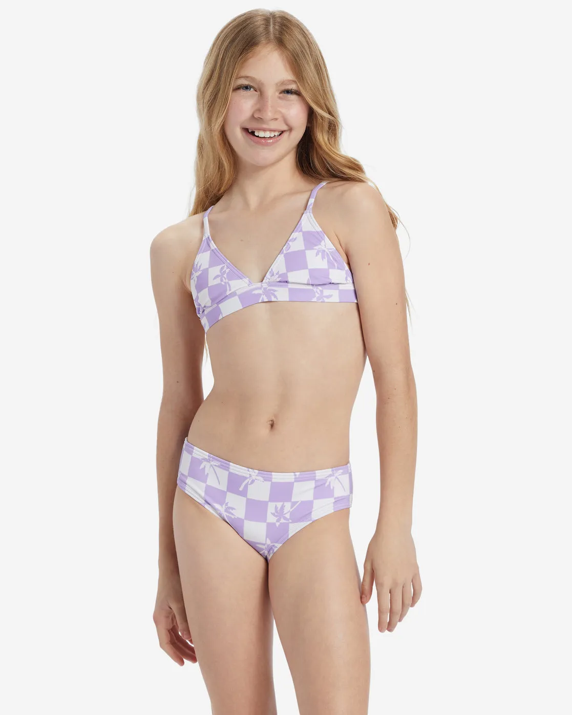 Girls Check Your Palm Banded Tri Set Bikini Set - Peaceful Lilac