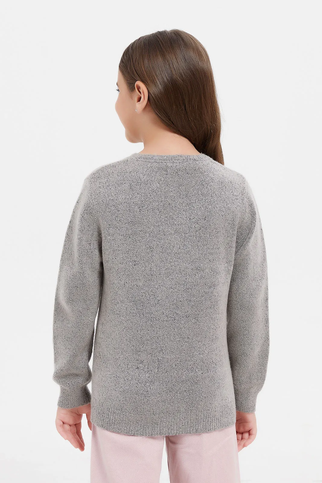 Girls Grey Flowers Embellished Pullover