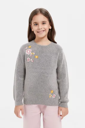 Girls Grey Flowers Embellished Pullover