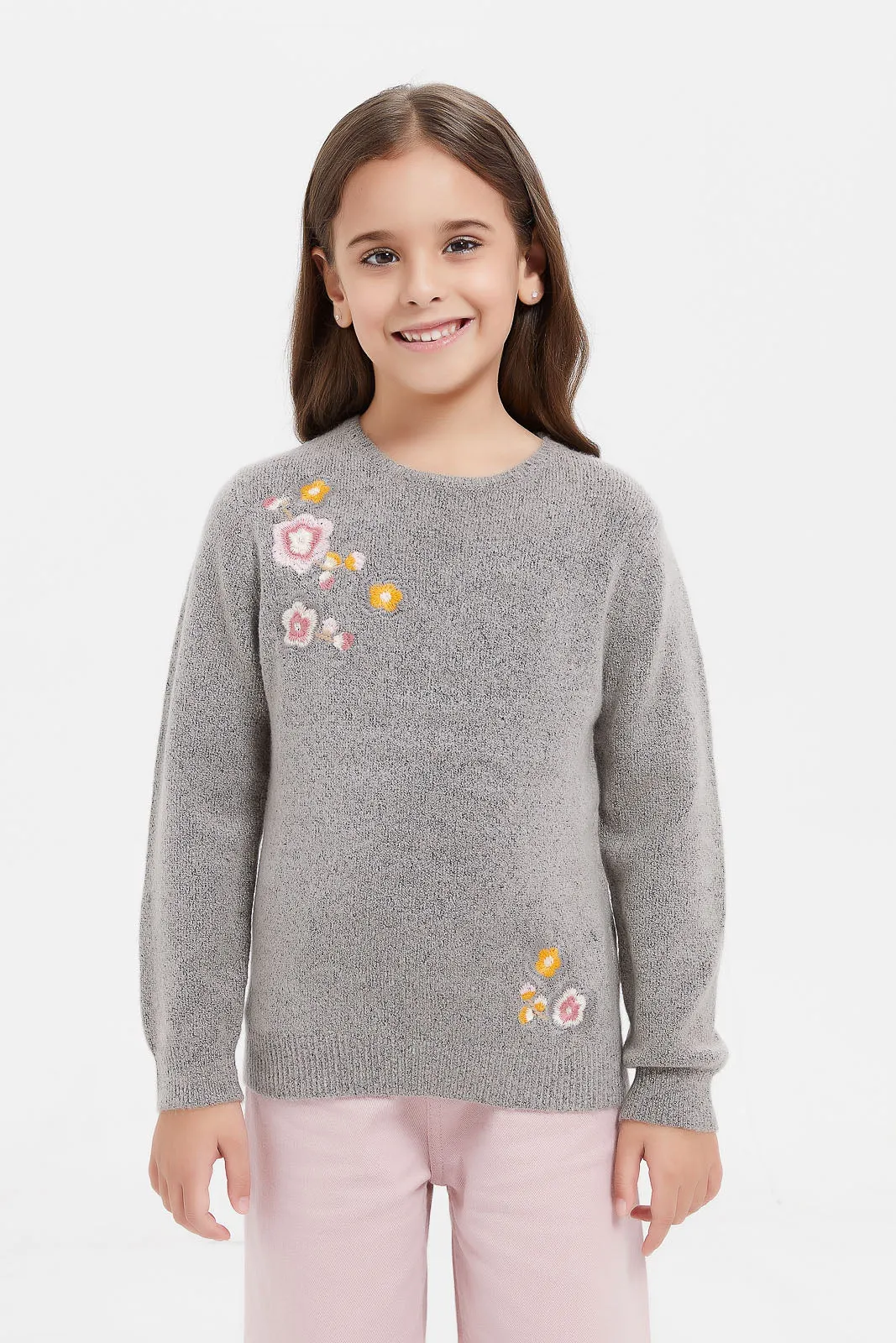 Girls Grey Flowers Embellished Pullover