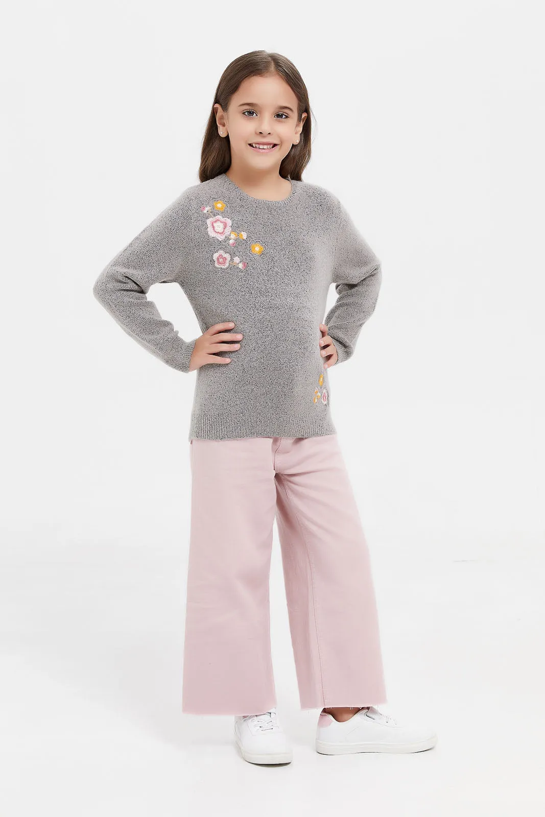 Girls Grey Flowers Embellished Pullover