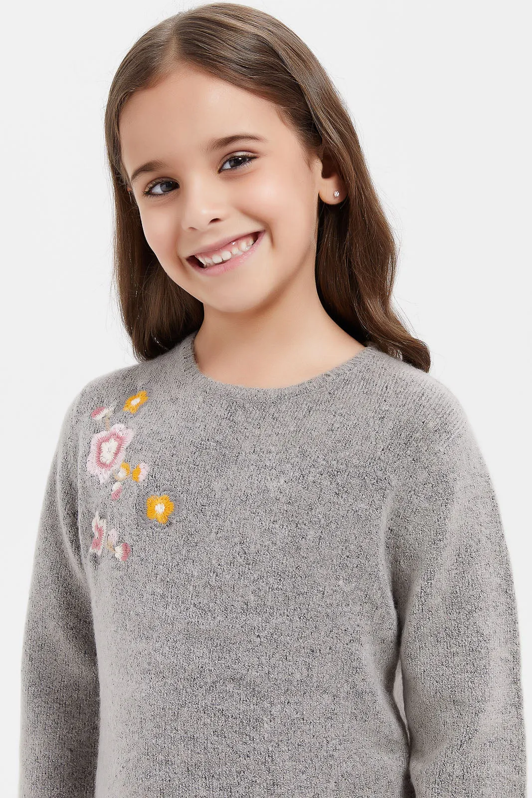 Girls Grey Flowers Embellished Pullover