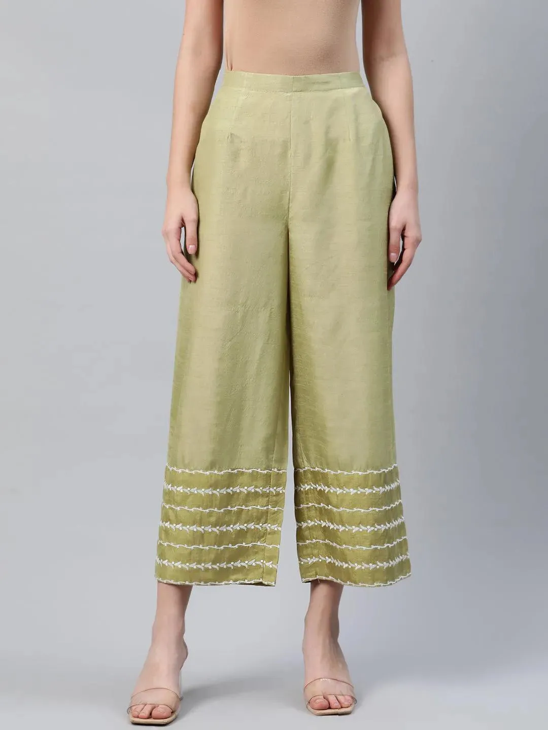 Green Embroidered Silk Palazzos