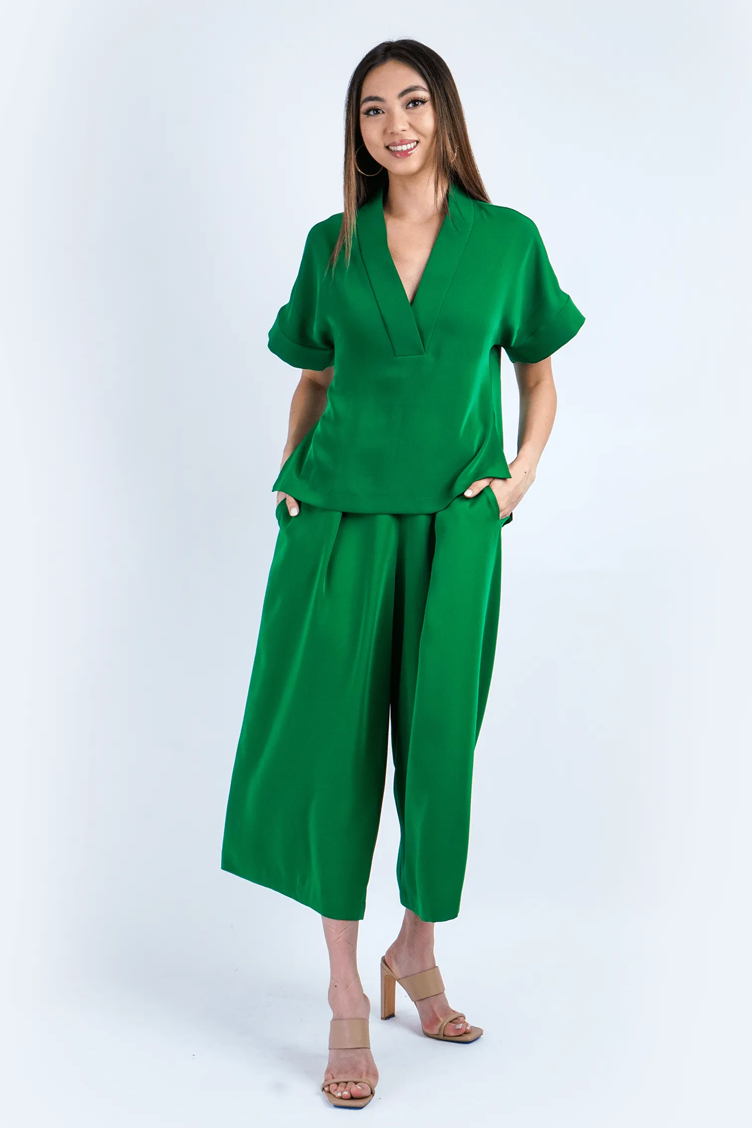 Green Pleated High Waist Wide Leg Kira Pants