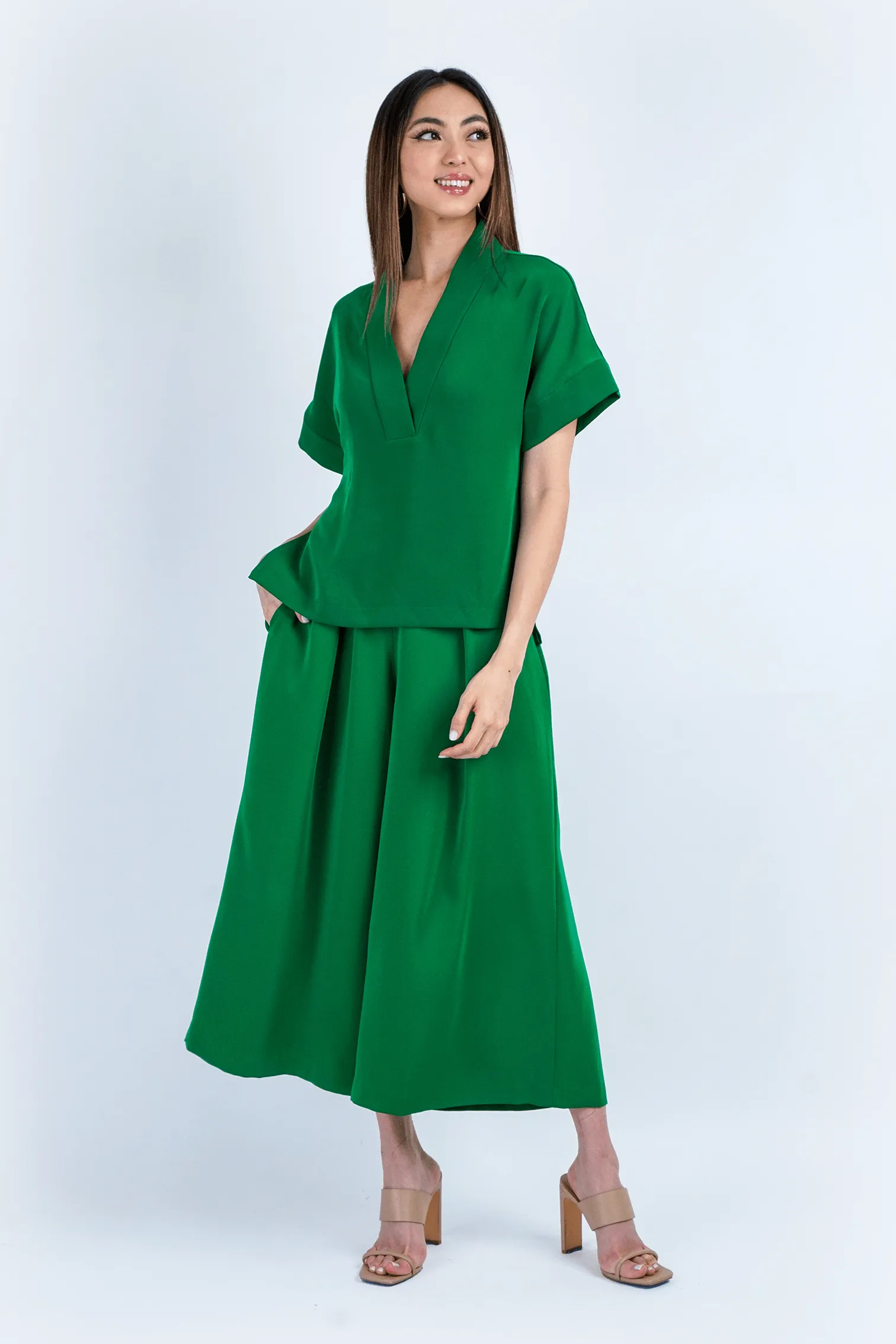 Green Pleated High Waist Wide Leg Kira Pants