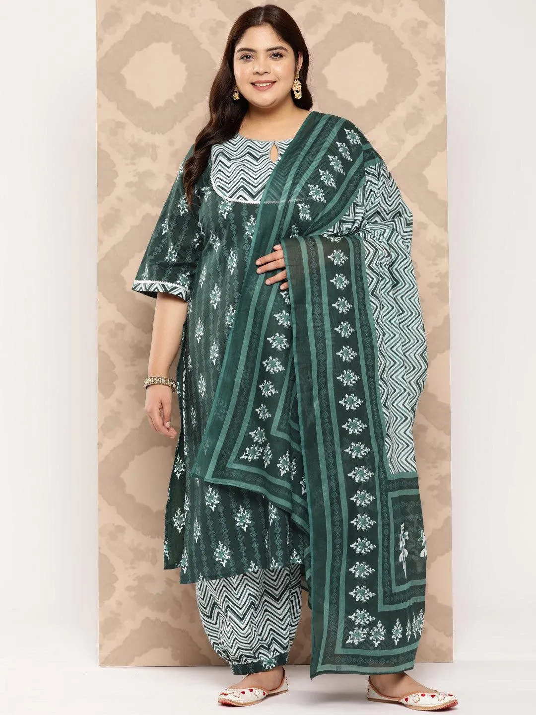 Green Yoke Design Cotton Straight Kurta With Salwar and Dupatta