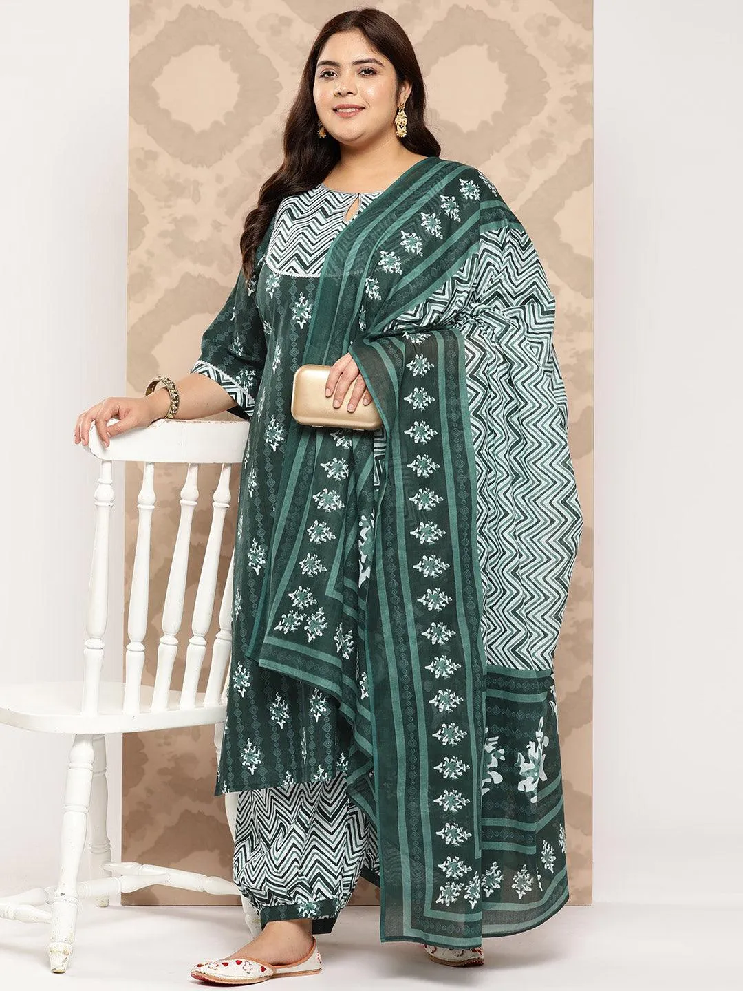 Green Yoke Design Cotton Straight Kurta With Salwar and Dupatta