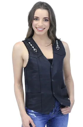 Hand Lace and Indian Bead Inlay Leather Vest #VM641BDK ()