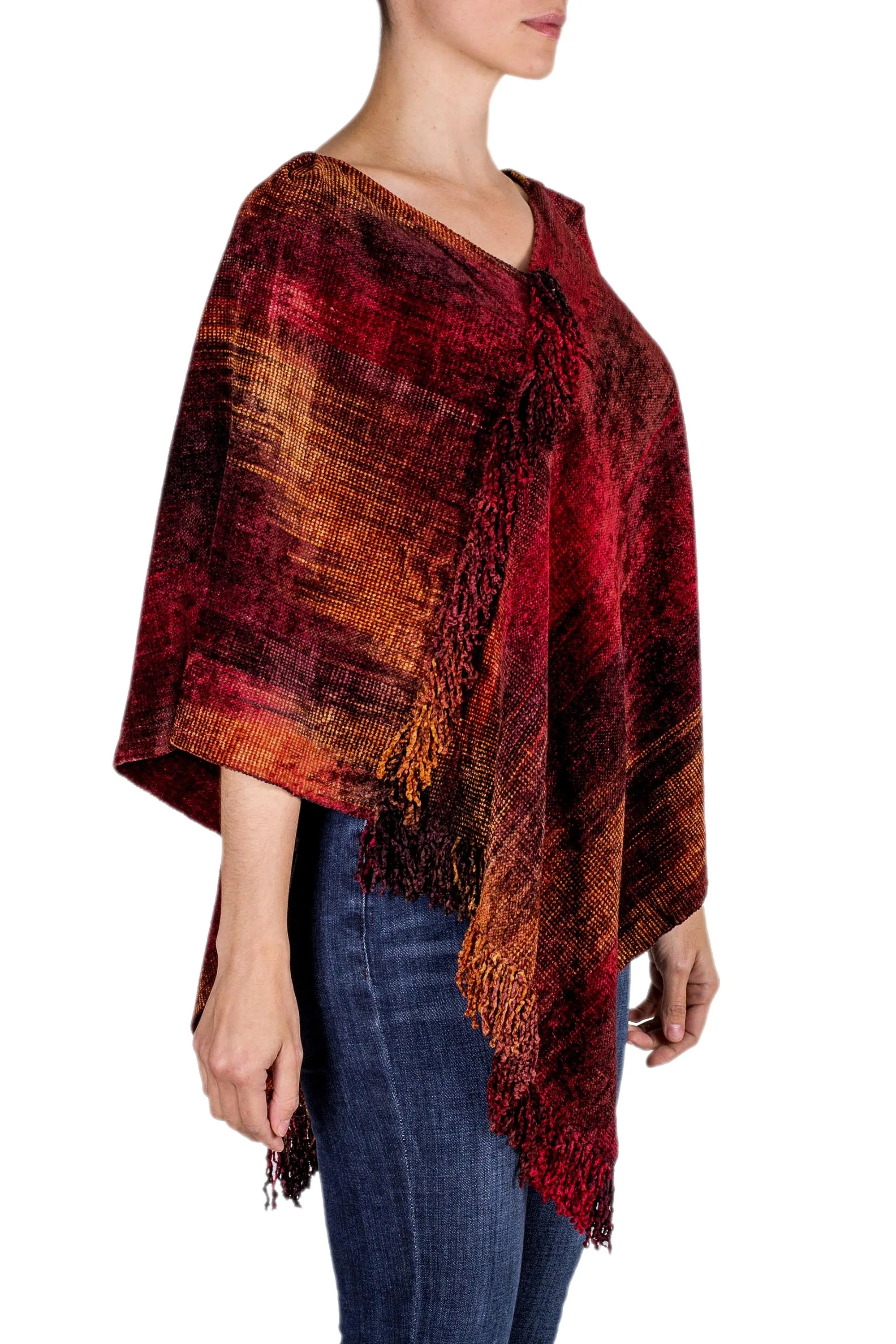 Hand Loomed Cotton Blend Poncho - Ruby Tradition | NOVICA