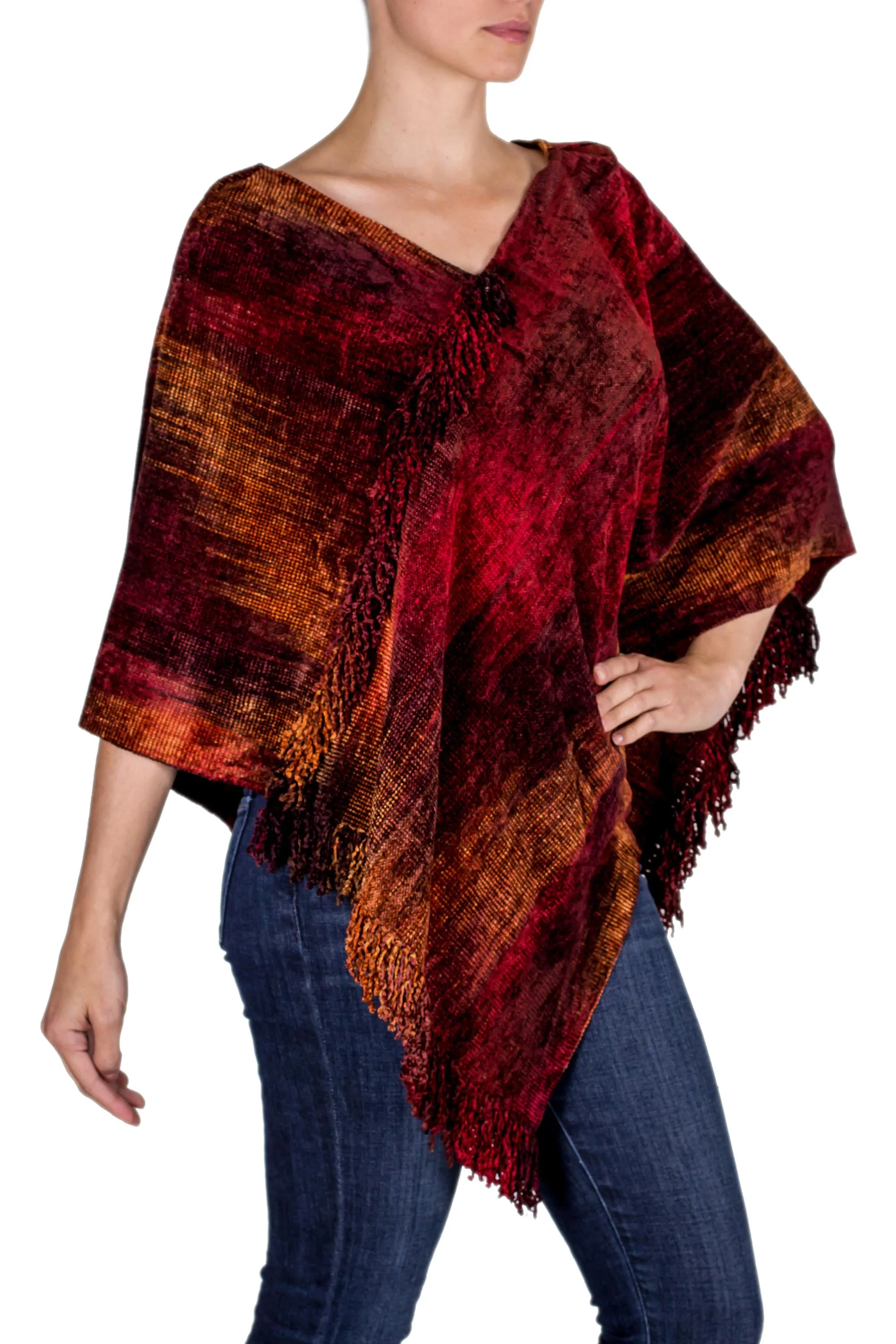 Hand Loomed Cotton Blend Poncho - Ruby Tradition | NOVICA