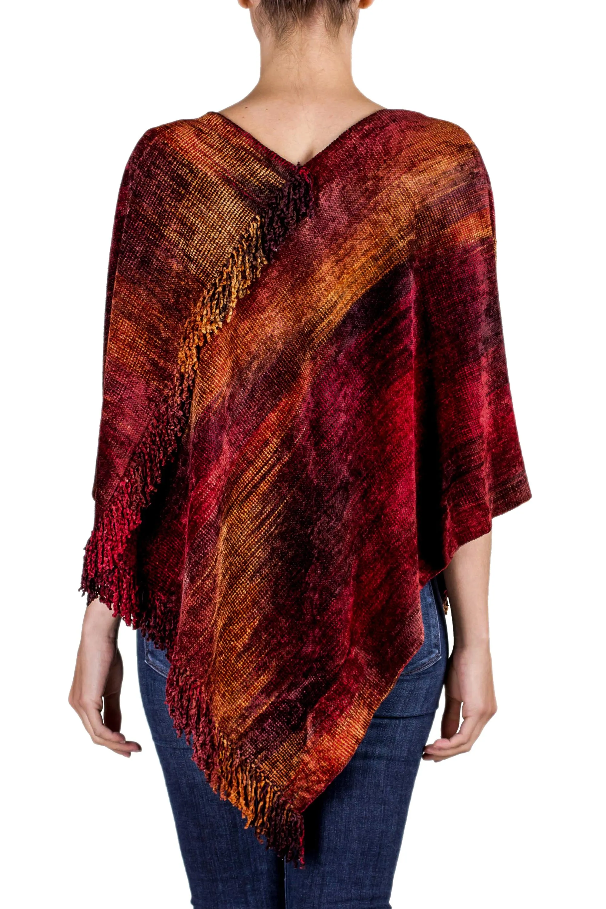 Hand Loomed Cotton Blend Poncho - Ruby Tradition | NOVICA