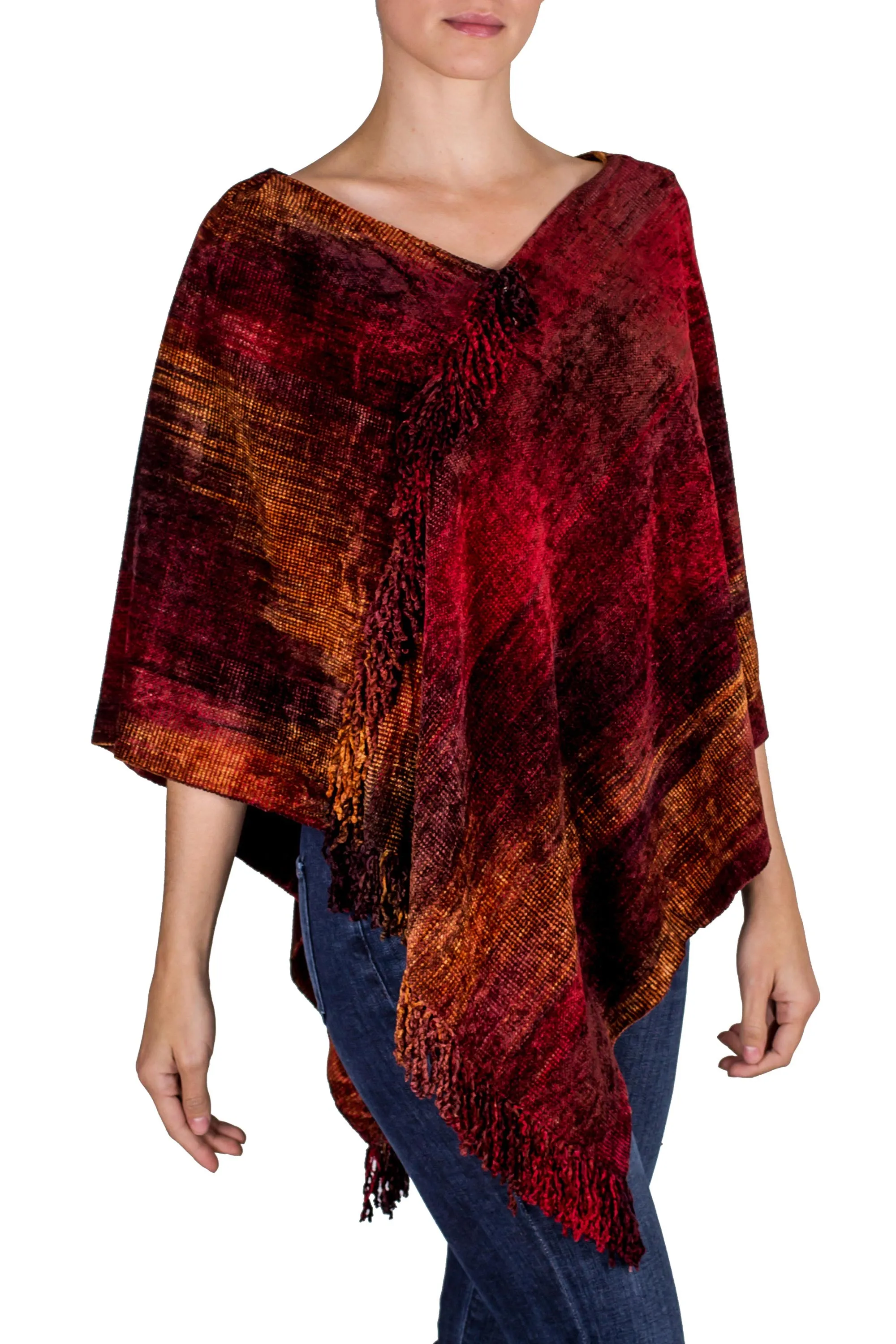 Hand Loomed Cotton Blend Poncho - Ruby Tradition | NOVICA