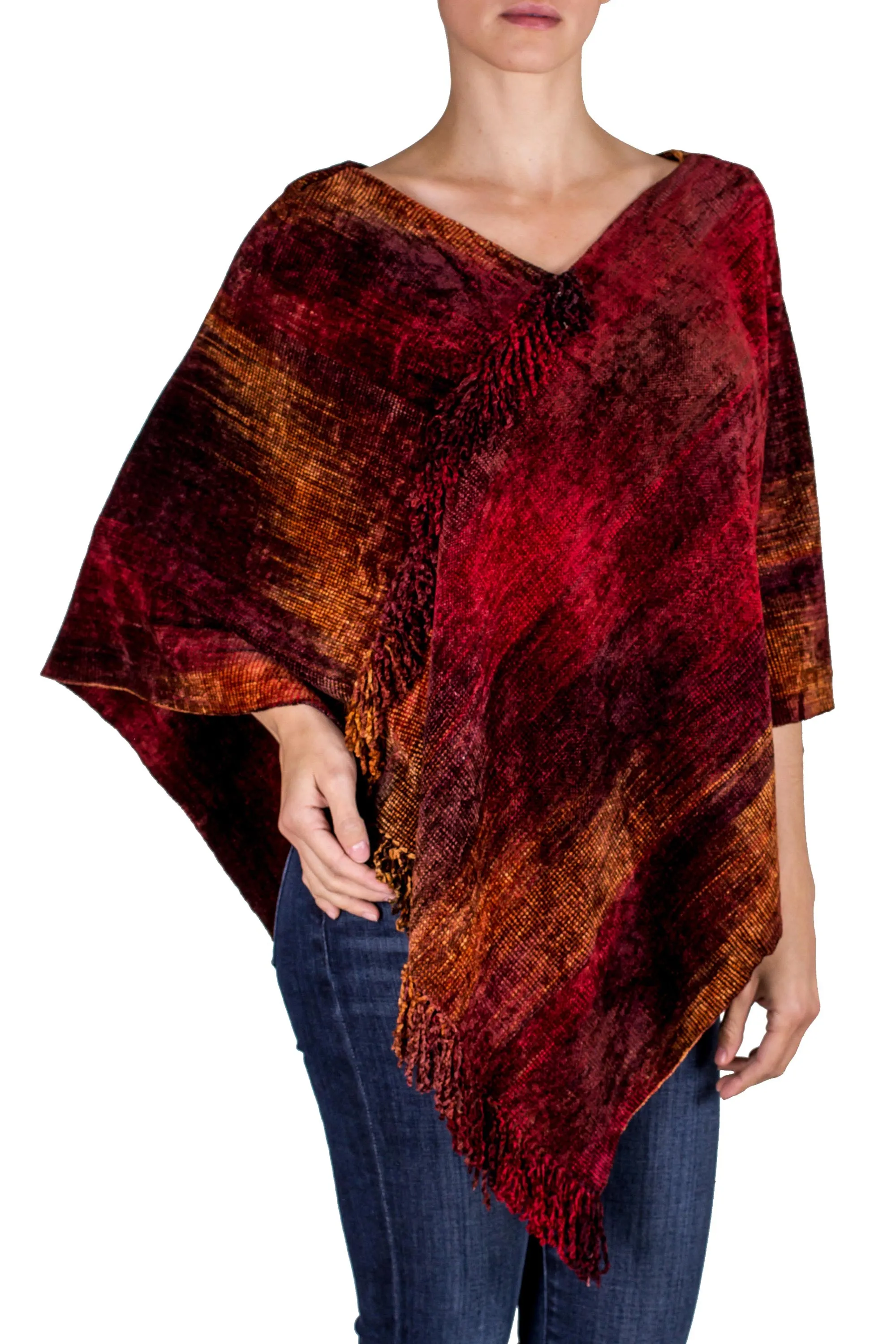 Hand Loomed Cotton Blend Poncho - Ruby Tradition | NOVICA