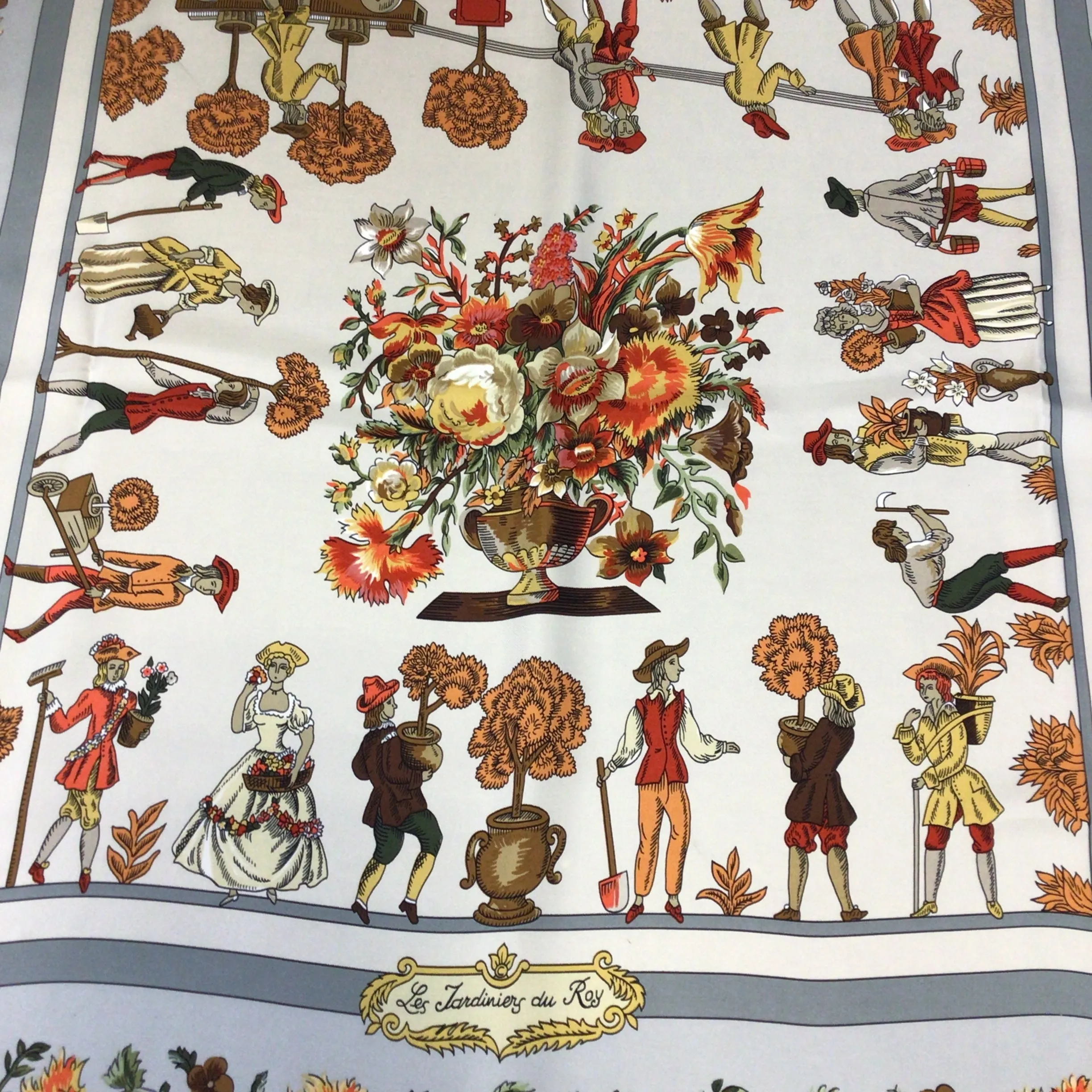 Hermes Paris Grey Multi Vintage Les Jardiniers du Roy Printed Square Silk Scarf