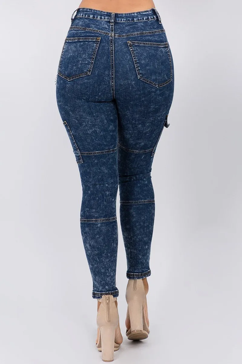 High Waist Dark Washed Skinny Jeans With Cargo Pockets