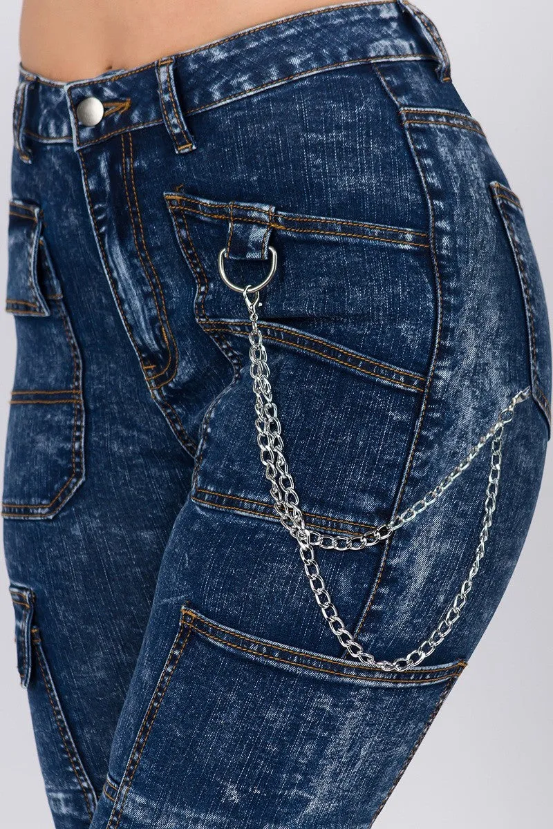 High Waist Dark Washed Skinny Jeans With Cargo Pockets