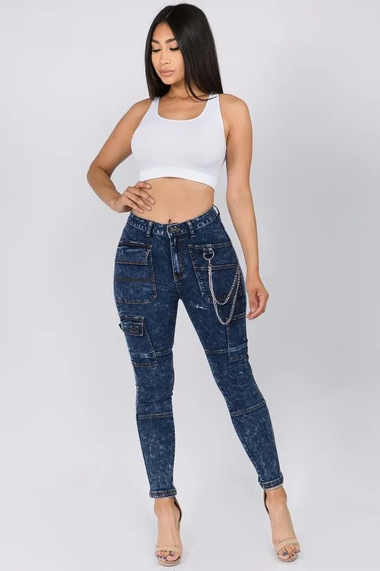 High Waist Dark Washed Skinny Jeans With Cargo Pockets