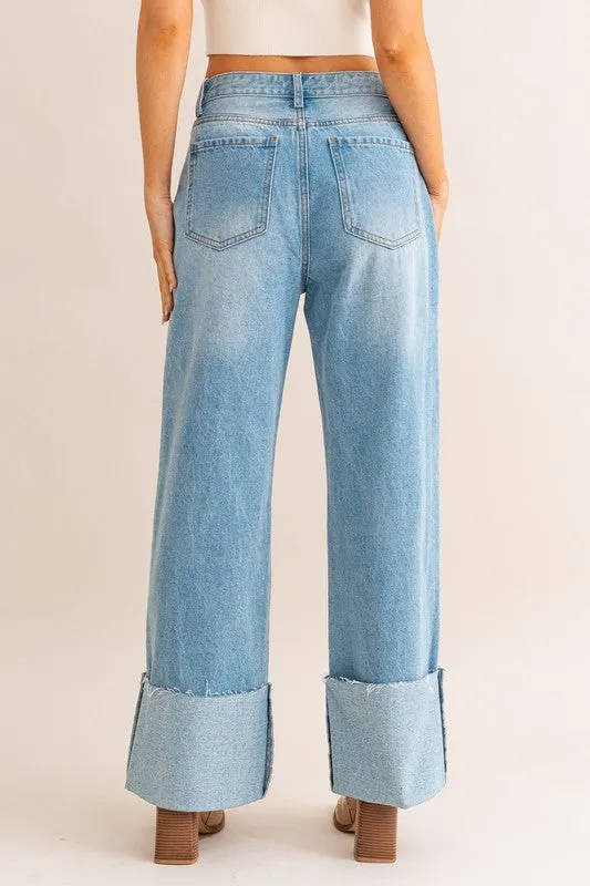 High-Waisted Wide Cuffed Jeans