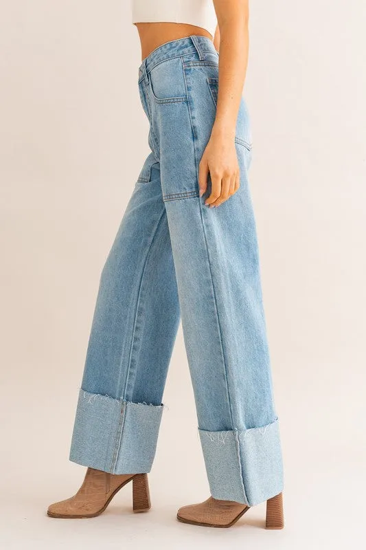 High-Waisted Wide Cuffed Jeans