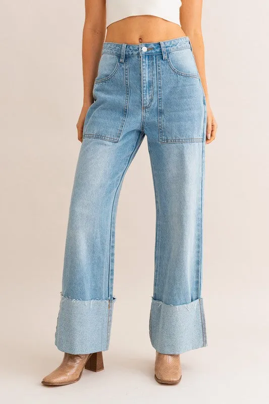 High-Waisted Wide Cuffed Jeans