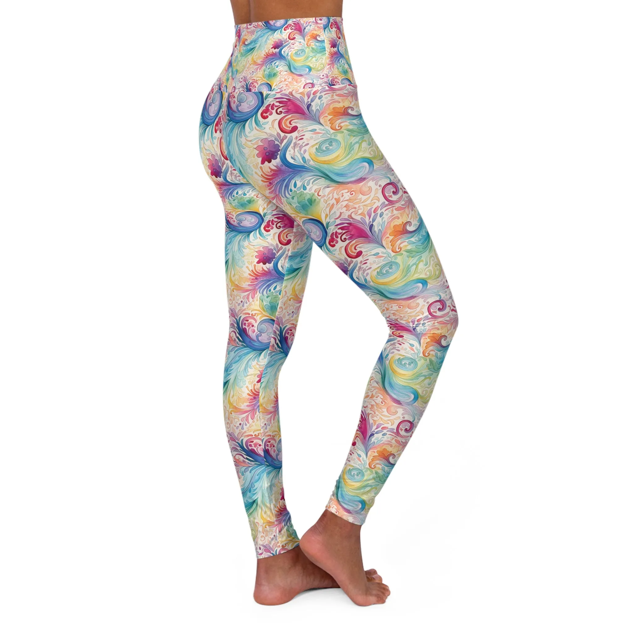 High Waisted Yoga Leggings, Rainbow Paisley