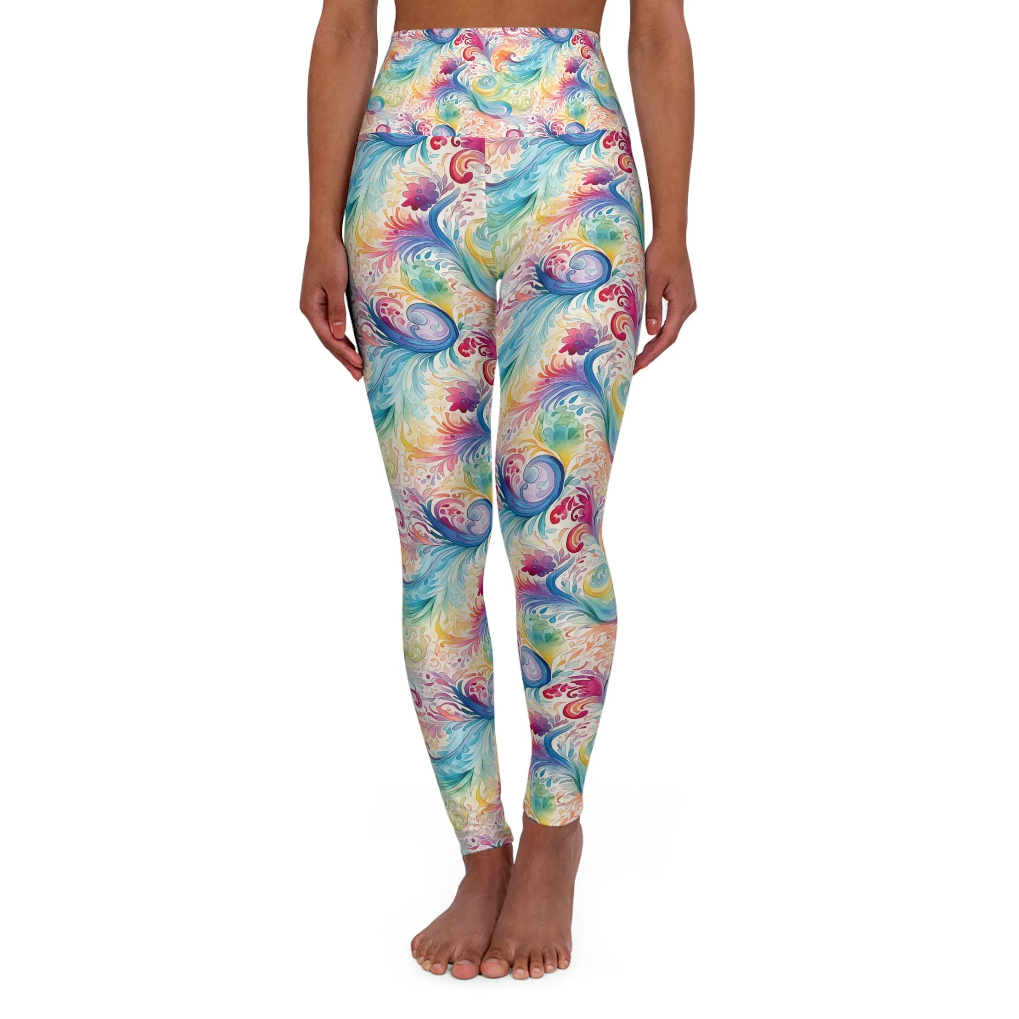 High Waisted Yoga Leggings, Rainbow Paisley