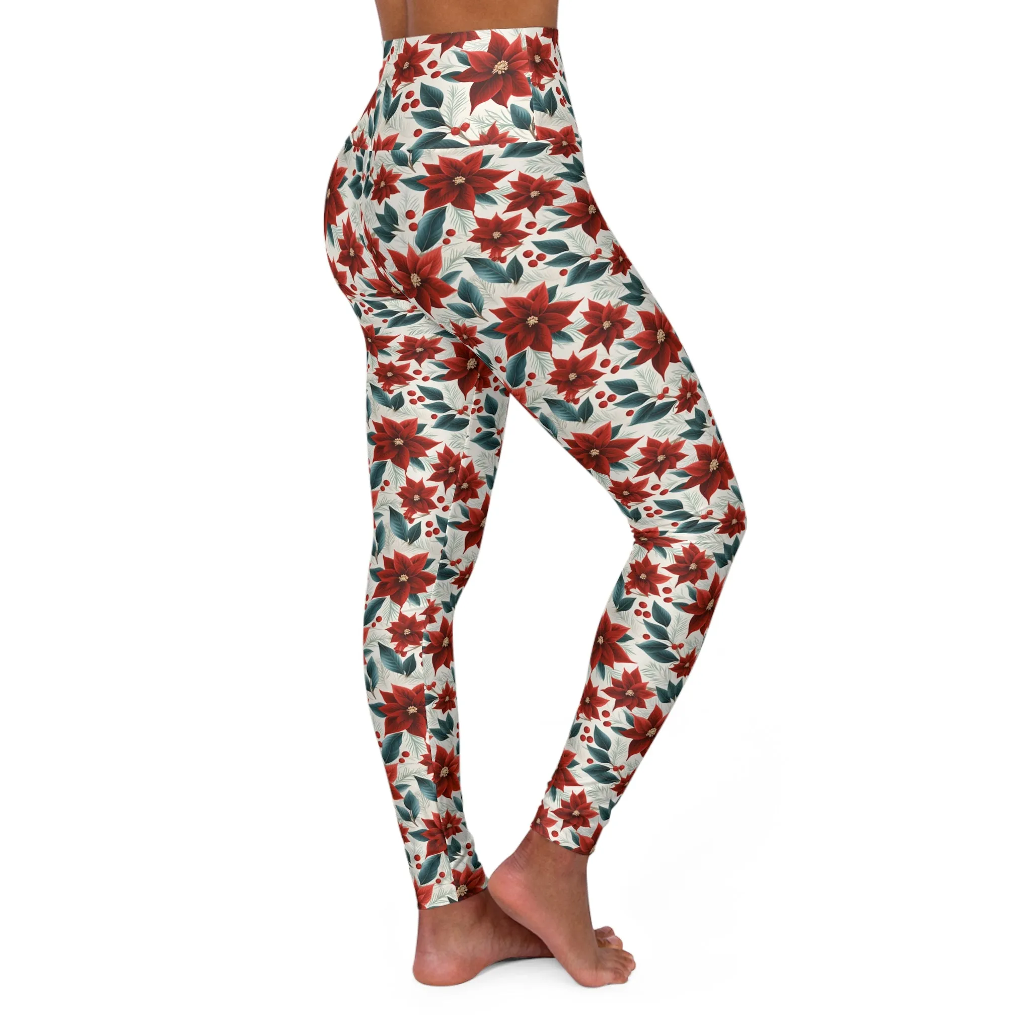 High Waisted Yoga Leggings, Red Poinsettia