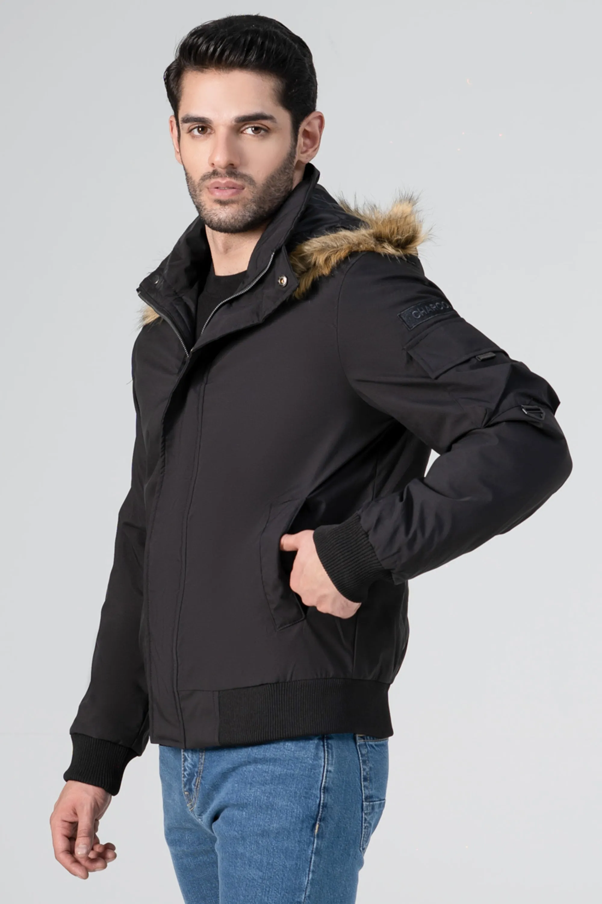 HOODED PUFFER BOMBER JACKET BLACK