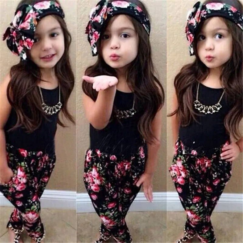 Hot Time-limited Stylish Girls Sport Cute Clothes Sleeveless Shirt  Floral Pants Headband 3pcs Vogue Baby Clothing For 2-7y