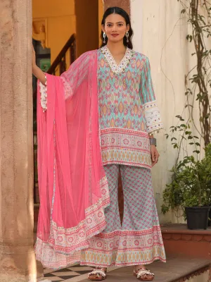 Jashvi Sky Blue Ikat Printed Cotton Voile Kurta Bell Bottom & Dupatta Set  With Coins Kaudi & Mirror Work