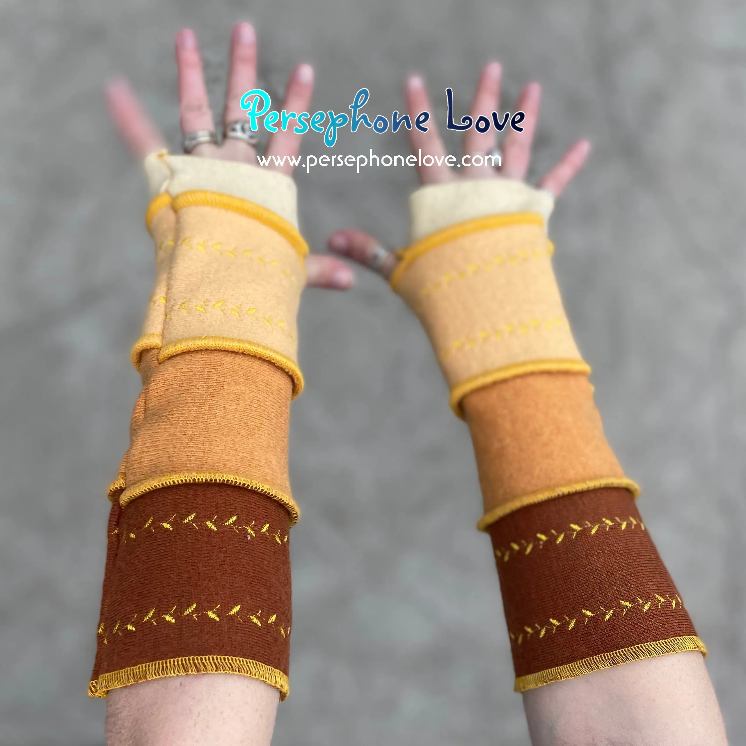 Katwise inspired needle-felted golden sunflower embroidered upcycled sweater arm warmers-1368