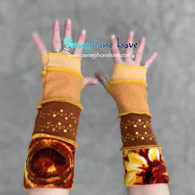 Katwise inspired needle-felted golden sunflower upcycled sweater arm warmers with sequins-1366