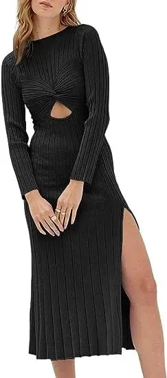 Knitted Long-sleeved O-neck Hollow Out Solid Split Midi Dress