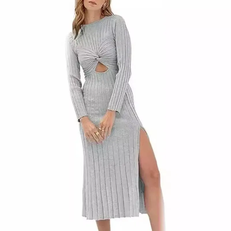 Knitted Long-sleeved O-neck Hollow Out Solid Split Midi Dress