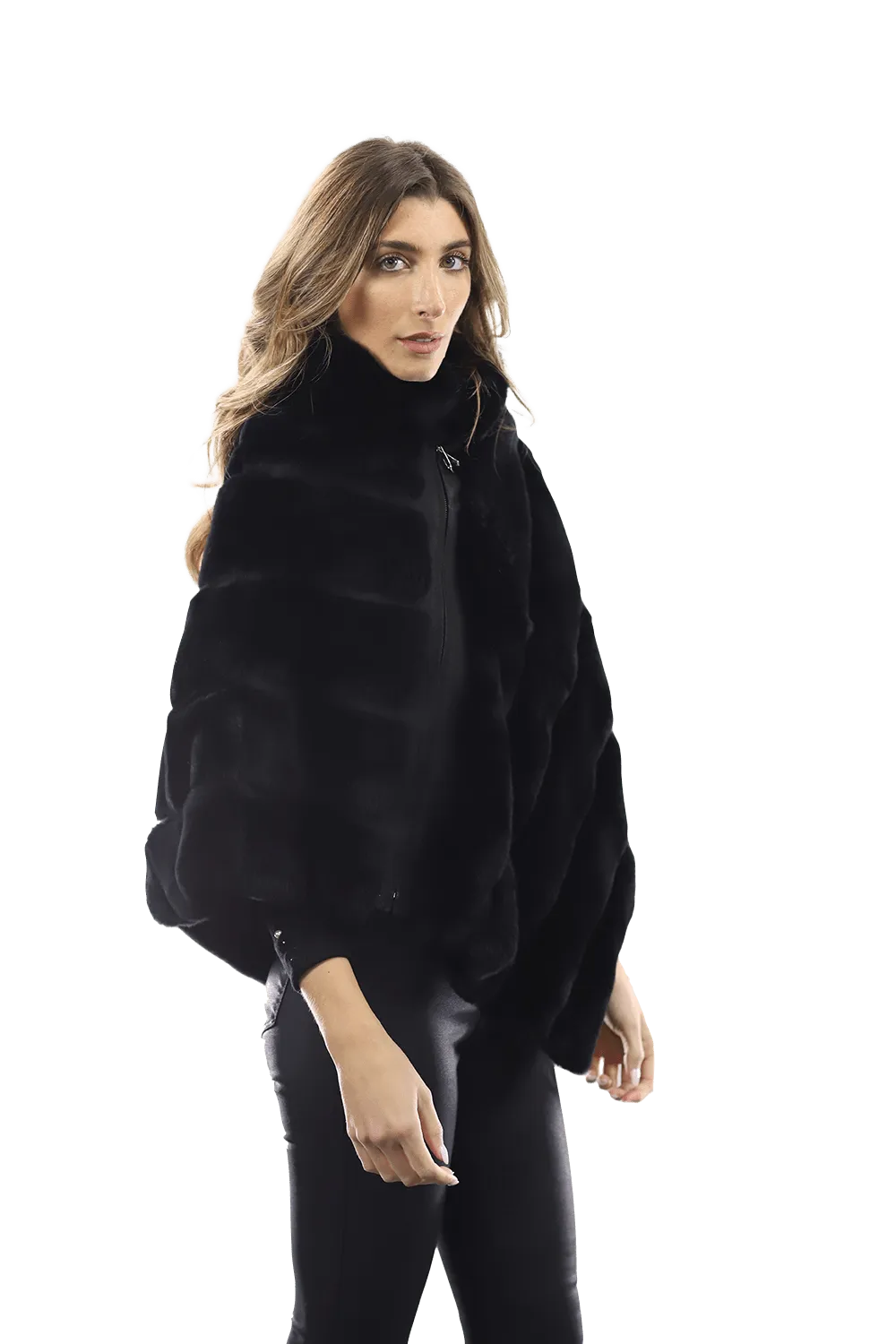 La Fiorentina -  Rex Rabbit Poncho with Zipper - Black