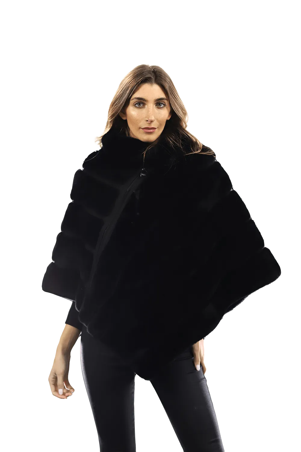 La Fiorentina -  Rex Rabbit Poncho with Zipper - Black