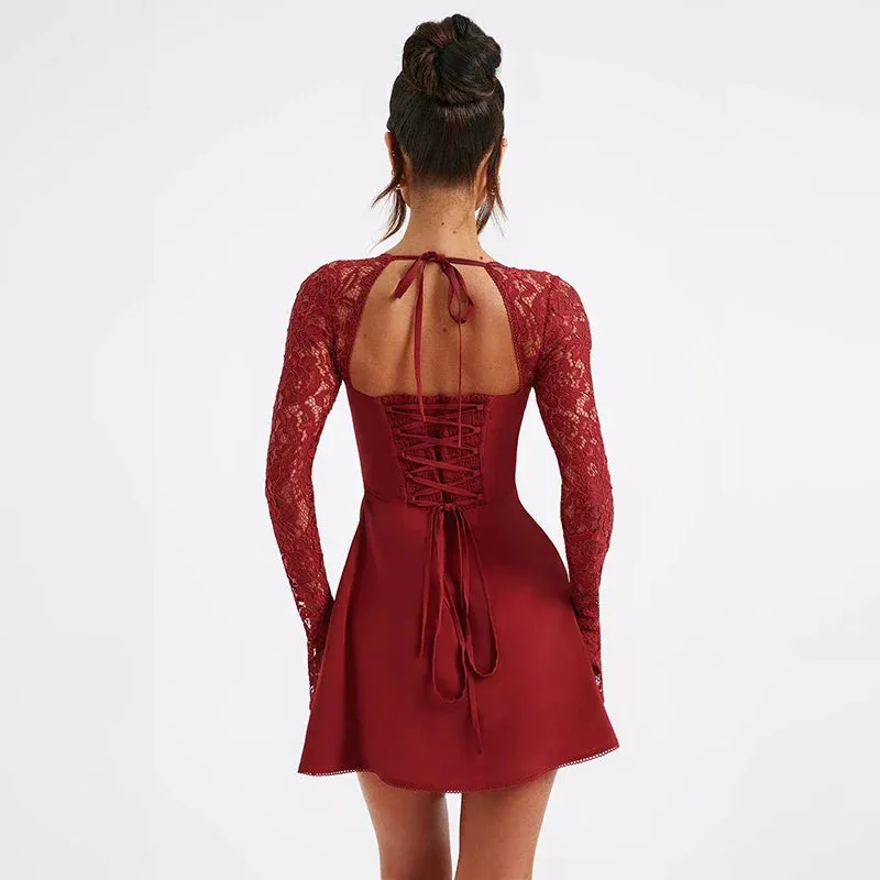 Lace Patchwork Waist Wrap A-line Autumn Winter Backless Nightclub Sexy Party Mini Dress