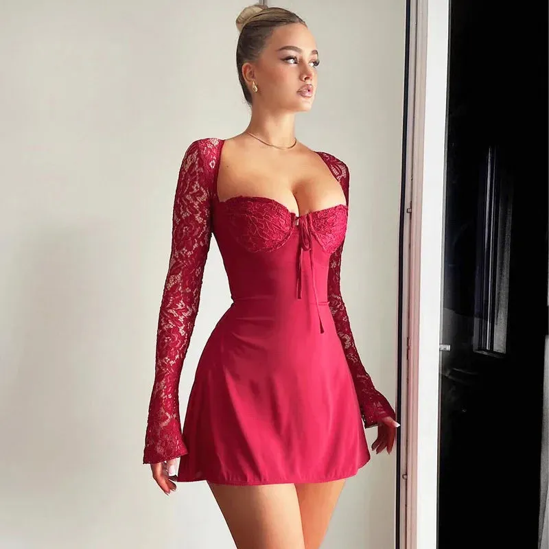 Lace Patchwork Waist Wrap A-line Autumn Winter Backless Nightclub Sexy Party Mini Dress