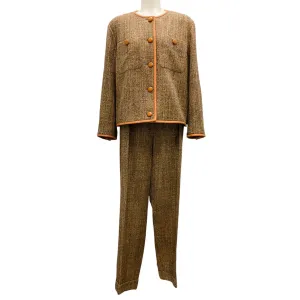 Lafayette 148 New York Brown Leather Trimmed Tweed Suit Set