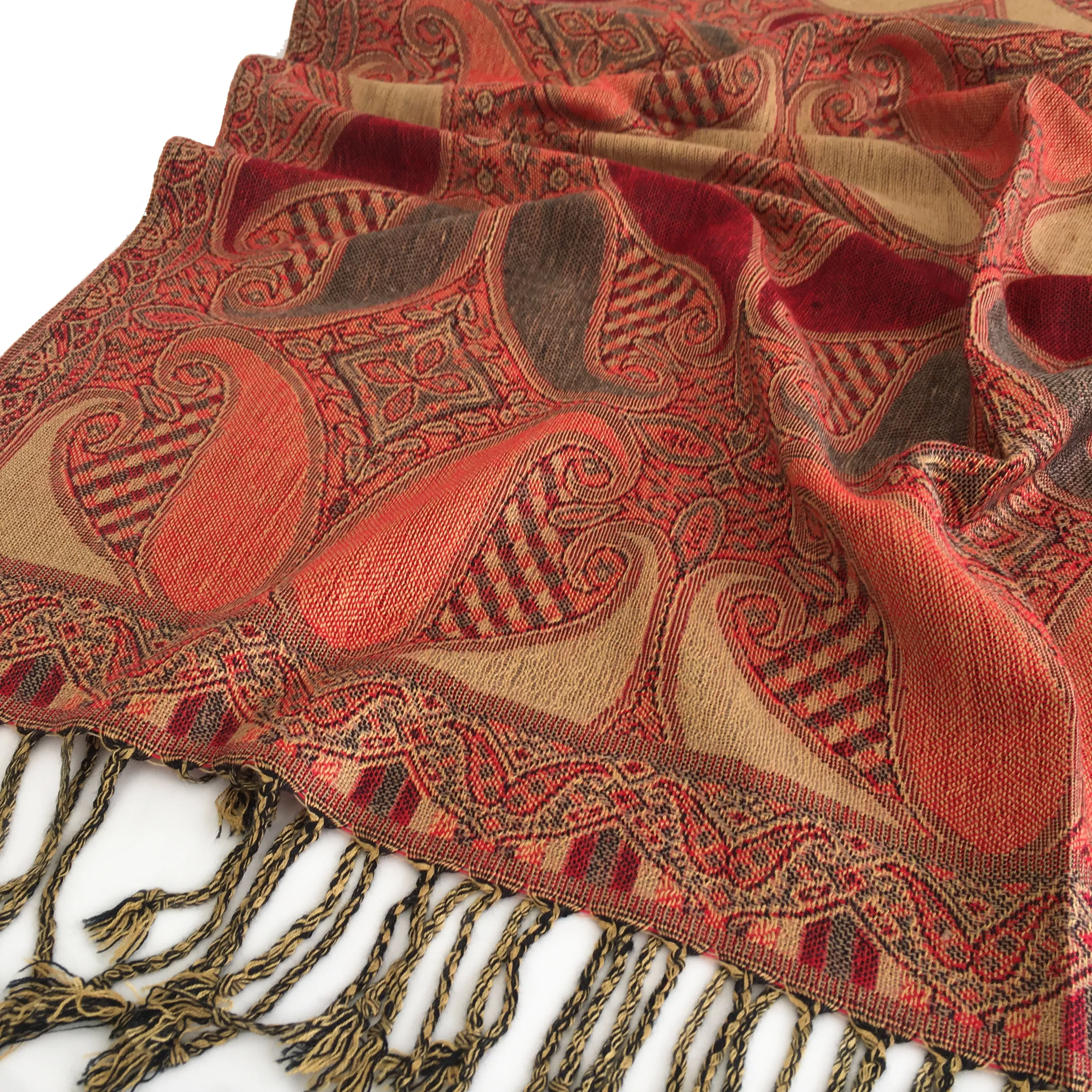 LARGE RED GINGHAM PAISLEY PRINT REVERSIBLE PASHMINA SHAWL SCARF