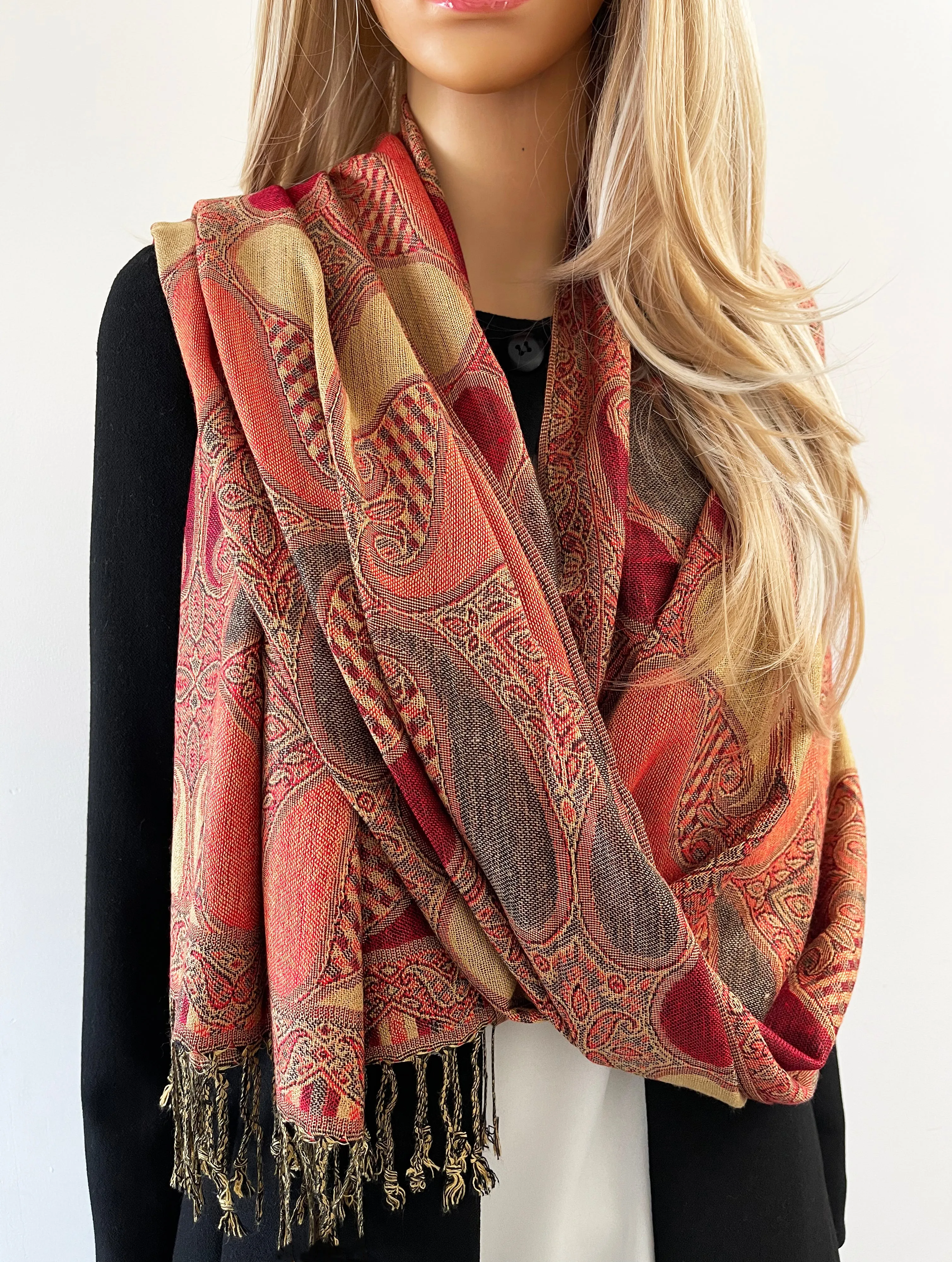 LARGE RED GINGHAM PAISLEY PRINT REVERSIBLE PASHMINA SHAWL SCARF