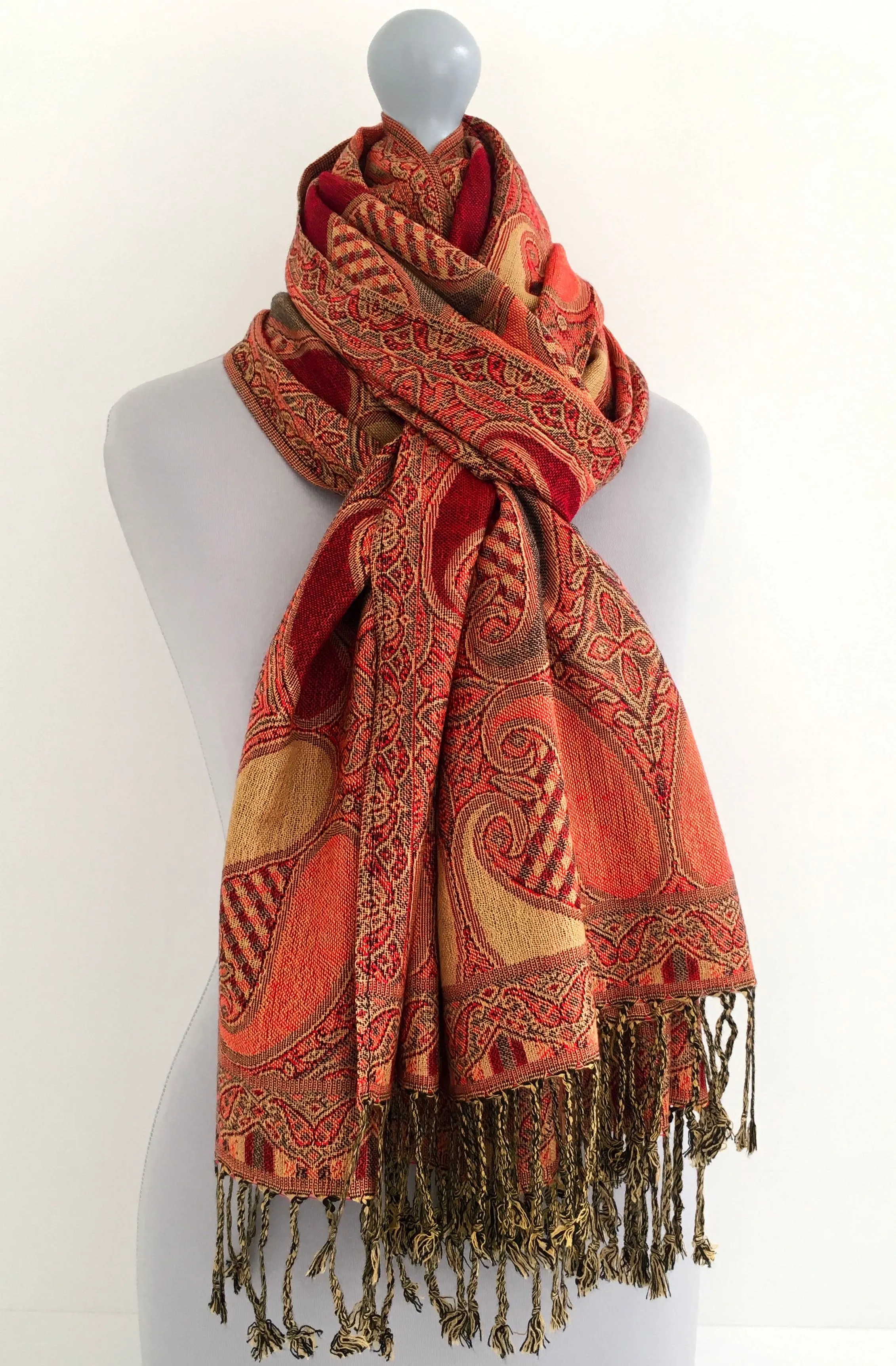 LARGE RED GINGHAM PAISLEY PRINT REVERSIBLE PASHMINA SHAWL SCARF