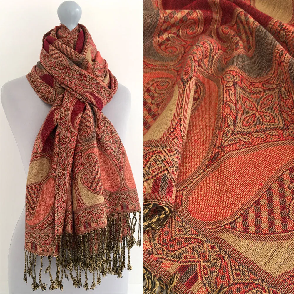 LARGE RED GINGHAM PAISLEY PRINT REVERSIBLE PASHMINA SHAWL SCARF