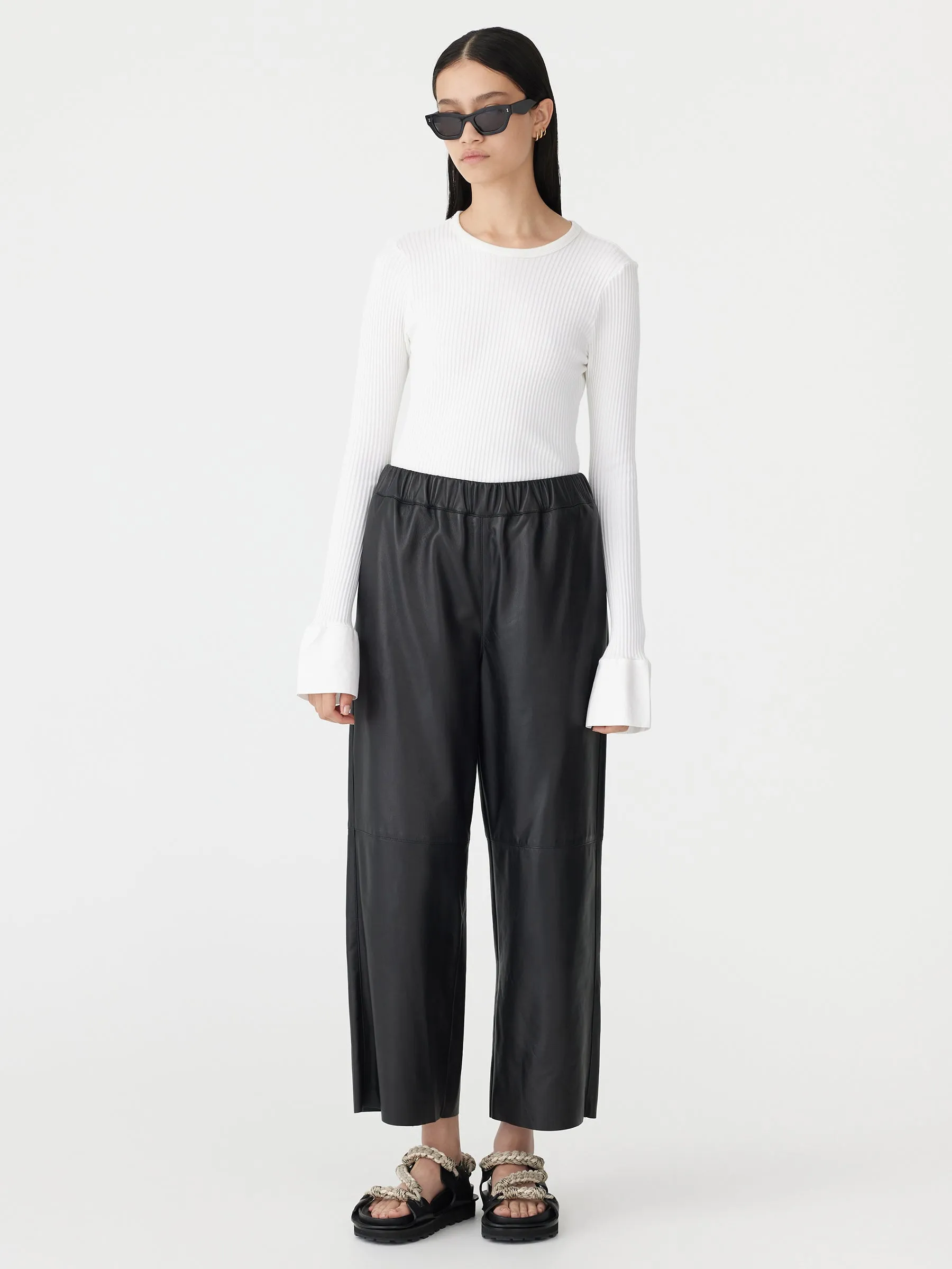 leather pull on wide leg pant