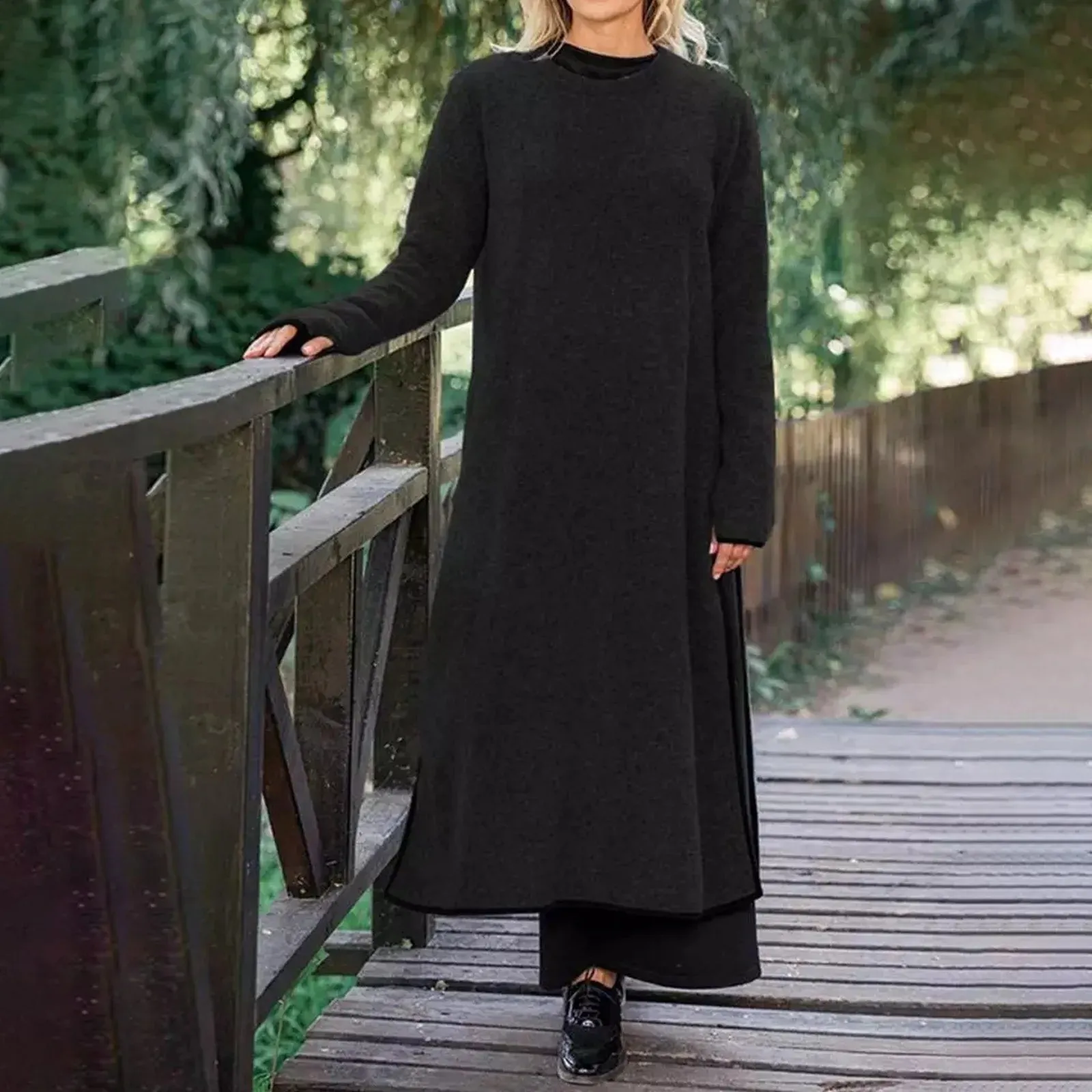 Long Pullover Sweatshirt Vintage Casual Sundress Solid Split Midi Loose Oversized Casual Autumn Dress