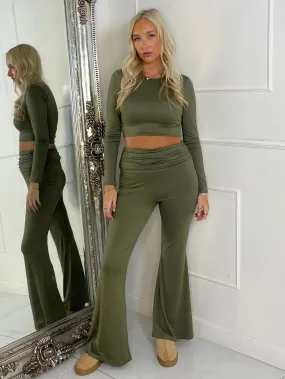 Long Sleeve Top & Fold Over Flared Co-ord - Khaki